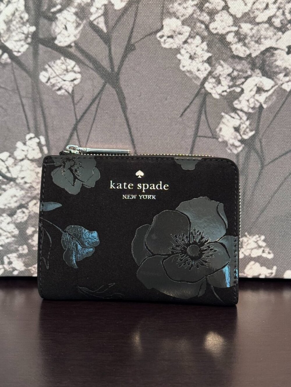 New Kate Spade Floral Suede Small L-Zip Wallet - Black